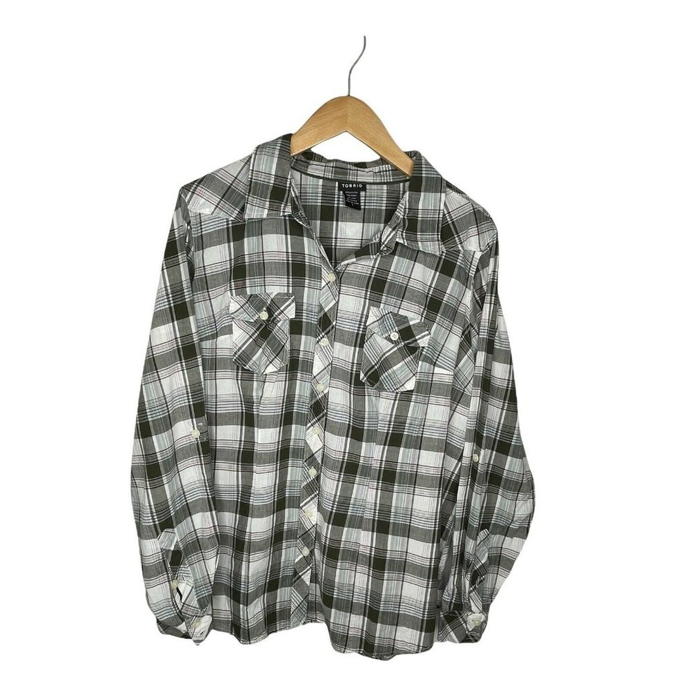Torrid Women’s Button Up Shirt Top Gray Pink White Plaid Long Sleeve - Size 1